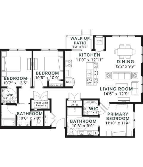 Floor plan for 3 beds, 2 baths, 1490 sqft